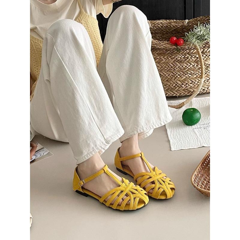 

Soft-soled retro woven baotou sandals women s fashion flat-soled student pig cage shoes tide 40 жёлтый