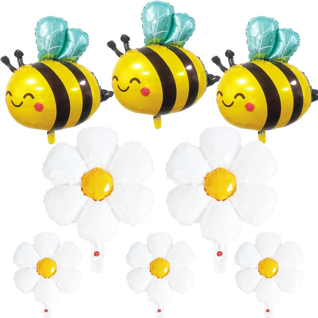 Large Bee White daisy flower foil balloon for children's birthday graduation Mother's Day party decoration Plumeria Helium Ball
