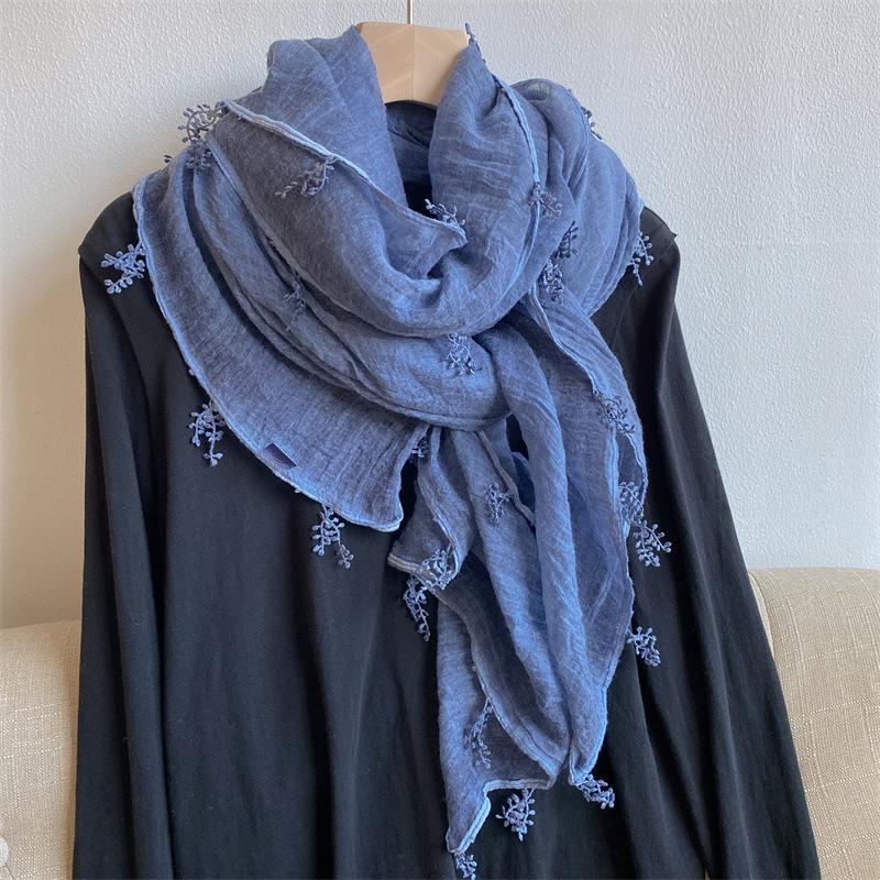 Solid color small leaf spike literary small fresh cotton and linen scarf women's fashion versatile long shawl thin neck scarf