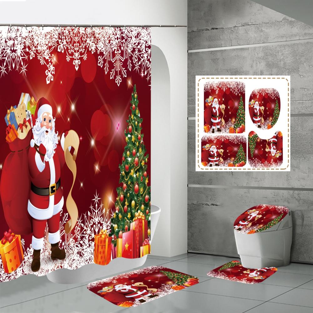 Merry Christmas Bathroom 4Pcs Set Snowman Santa Claus Pattern Waterproof Shower Curtain Toilet Cover Mat Non Slip Rug Home Decor