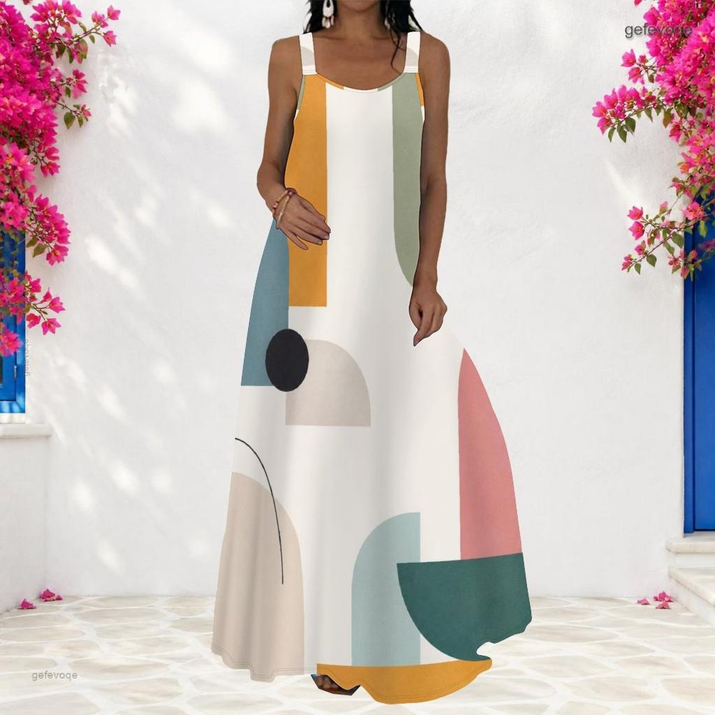Women Plus Size Scoop Neck Strappy Sleeveless Gray Black Geometric Printed A Line Long Dress