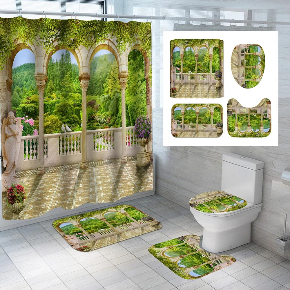 Sunny Beach Pattern Waterproof Polyester Shower Curtain With Hooks Anti-Slip Soft Bath Carpet Mat Lid Toilet Cover Home Decor