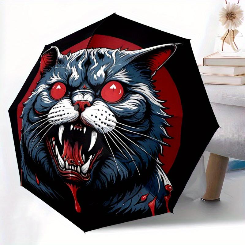 1pc Bloodthirsty Feline Automatic Umbrella High Quality Canopy, Portable Folding Umbrella with, Ideal Gift for - Travel, Everyday, Formal Ev