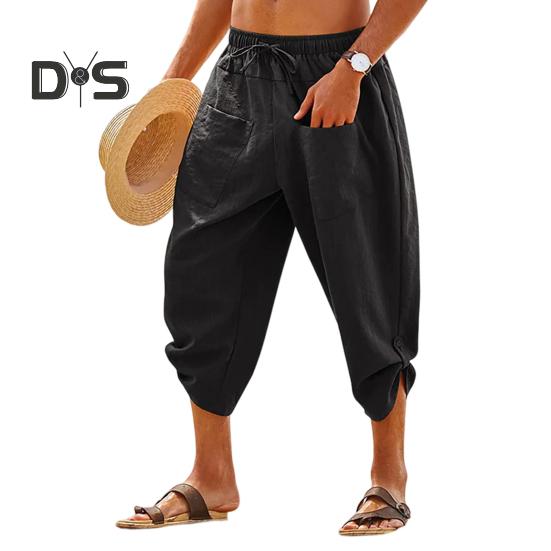 

Men Cropped Pants Elastic Waist Solid Color Drawstring Soft Breathable Casual Patch Pockets Mid Calf Length Beach Trousers 2XL чёрный