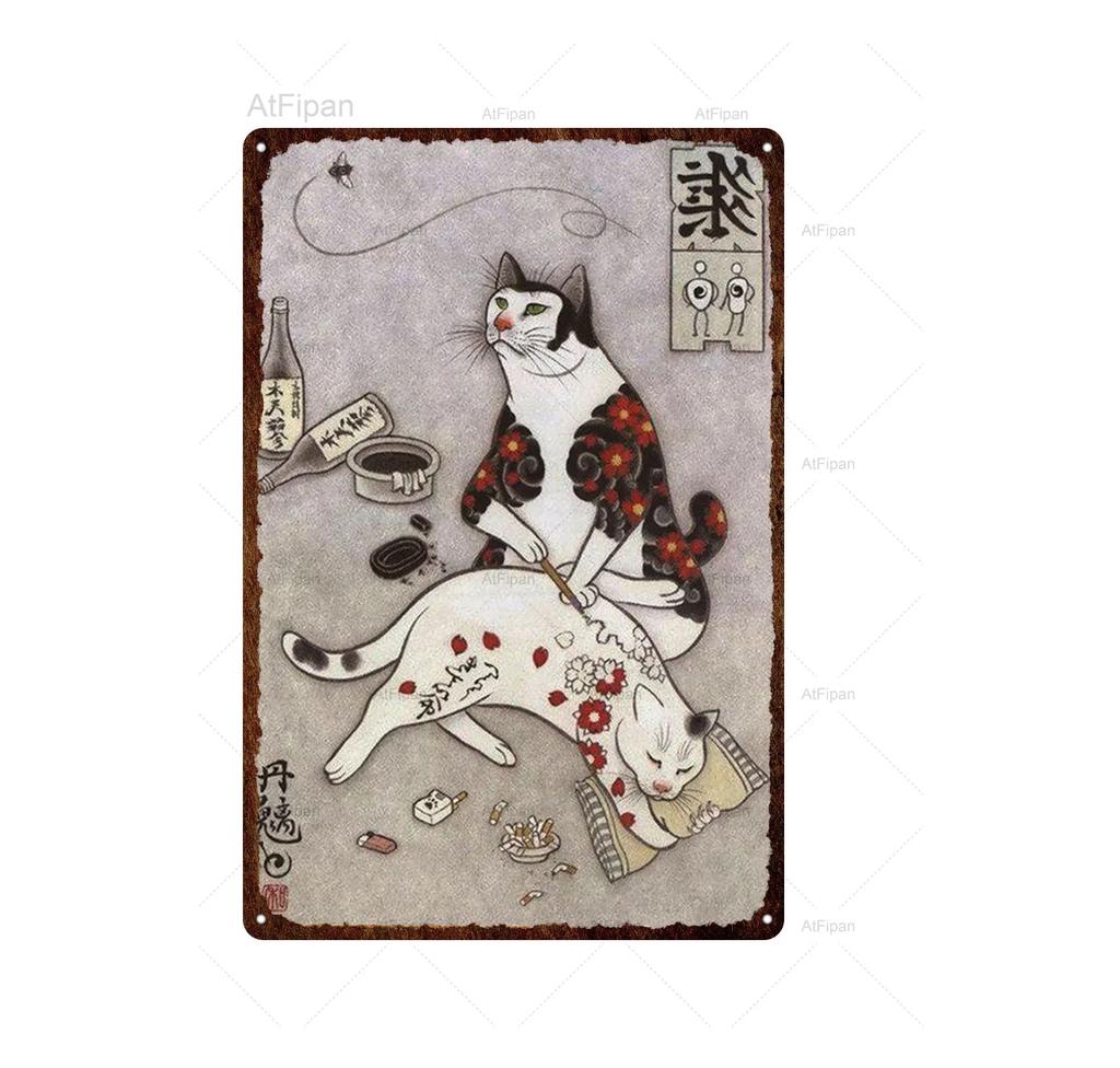 Vintage Japanese Samurai Cat Tin Sign  Retro Metal Wall Art for Home Decor  xCM  Unique Animal Tattoo Design