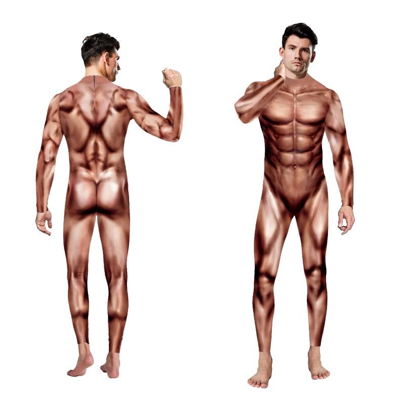 Digital Fitness Print Simulation Muscle Bodysuit  Men Stage Performance Clothing