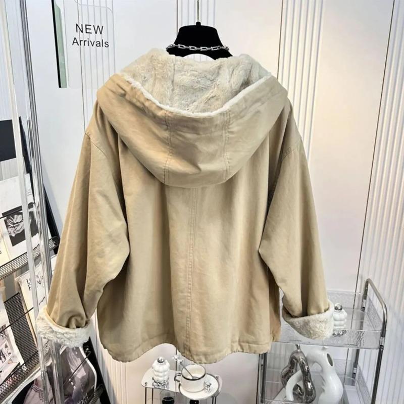 Coats for Women Winter Cotton Oversize Jacket Hooded Thickened Velvet Windbreaker Loose Casual Coat Top