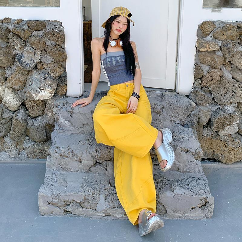 Yellow Cargo Jeans Women High Waist Loose Wide Leg Pants