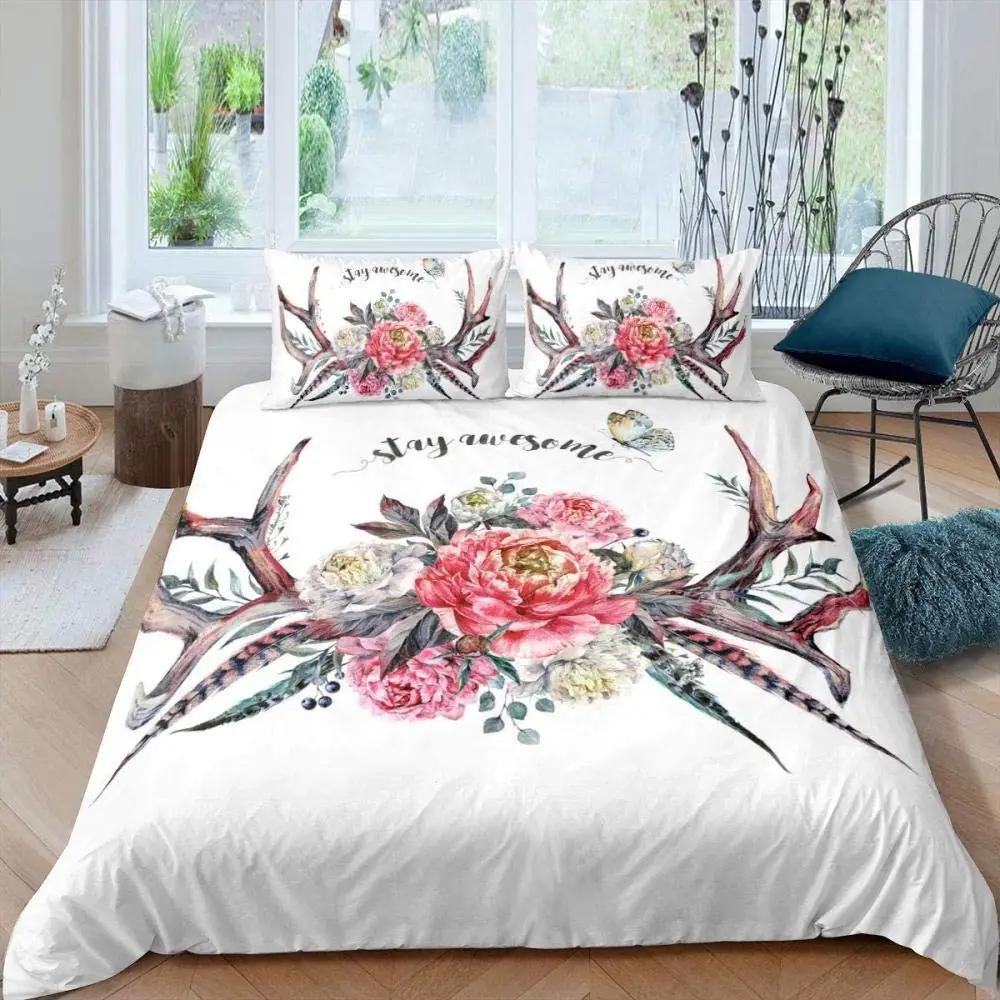 

Antler King Queen Duvet Cover Whitetail Deer Bedding Set Wild Fawn Quilt Cover Countryside Rural Animal Brown Comforter Cover EU Single(135*200cm)3pcs