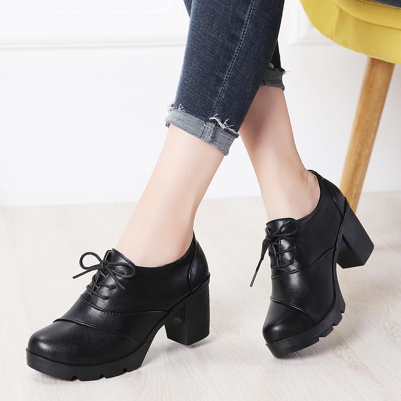 EOFK Damen Pumps Echtes Leder Lammfell Büro Quadratisch Runder Zeh Hohe Absätze 7cm Plateau Damen Derby Schuhe