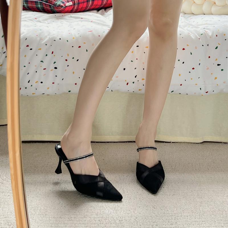 2024 Elegant Shallow Pointed Toe Mules Slippers Women Fashion Buckle Strap Thin Heels Outdoor Party Summer Shoes