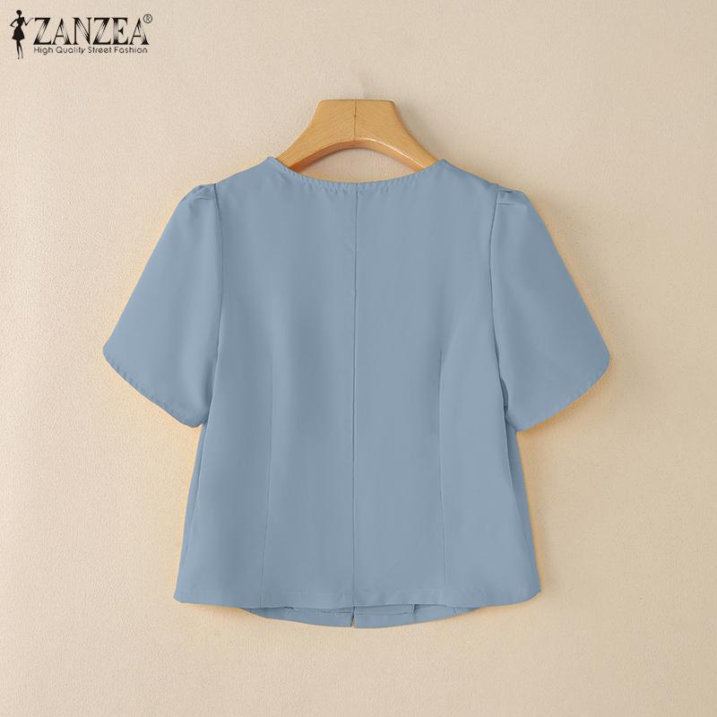 ZANZEA Women Casual V-Neck Summer Short Sleeve Plain Blouse
