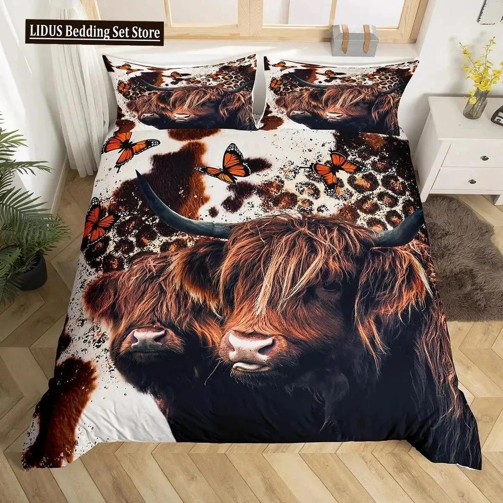 Highland Cattle Påslakanset Sött Blommigt Ko Dubbelt Sängklädesset Gul Solros Täcke Djur Polyester Quiltöverdrag