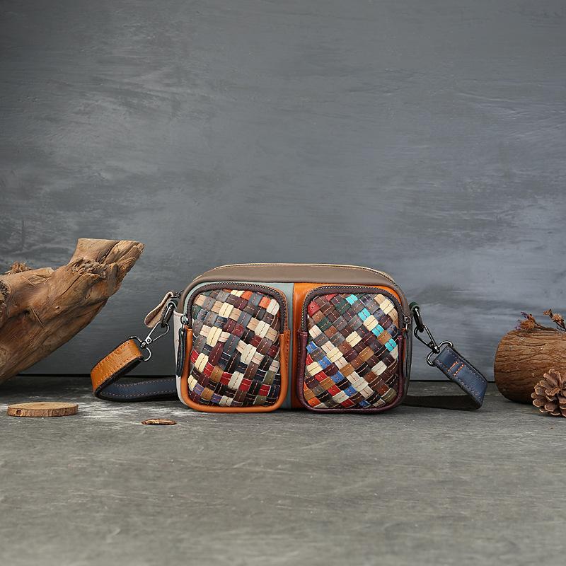 Genuine Leather Woven Color-blocked Camera Bag Large Capacity Multi-slot Single-shoulder Crossbody Bag