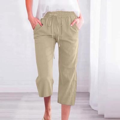 Women Cropped Pants Solid Color Loose Fit Mid-calf Trousers with Elastic Waistband Casual Commuting Style Pants