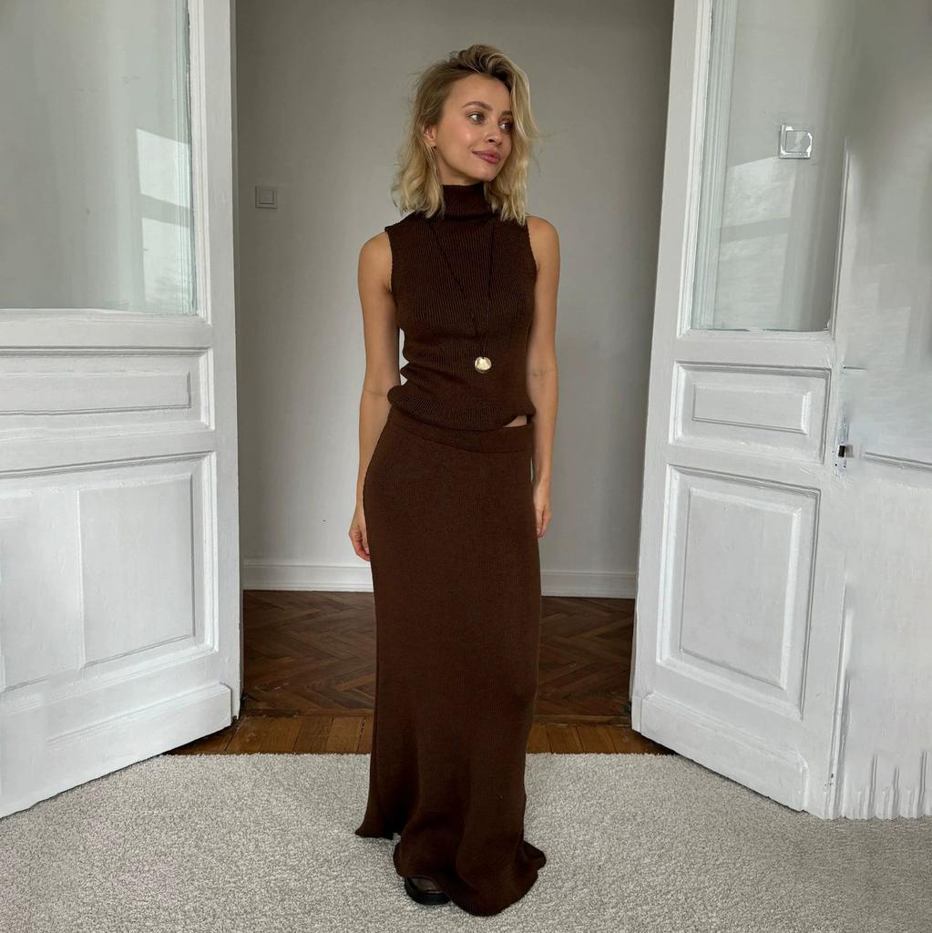 Lime Green Ribbed Knit Crop Top and Long Skirt Set