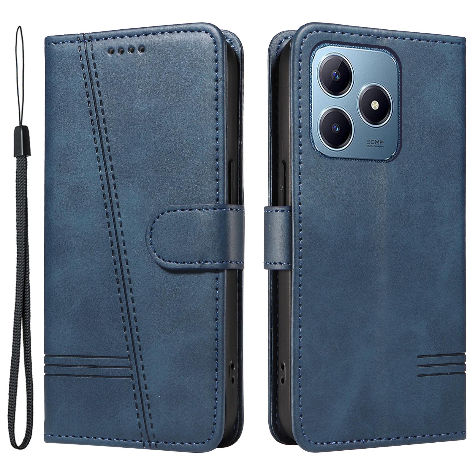 

For Realme Note 60x 4G/C63 4G/C61 4G Case Wallet Imprinted Line PU Leather Flip Phone Cover with Wrist Strap Blue