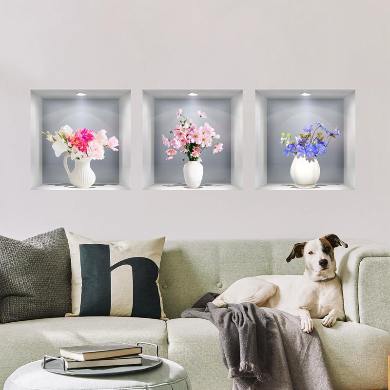 3pcs/set Wall Sticker Self-adhesive 3D Simulation Watercolor Home Decor Removble Wall Decals Potted Plant Stickers Flower Pots