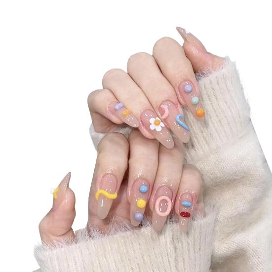 10Pcs 3D Flower Fake Nails Long Nail Extension Kit Wear Armor Reusable Easy to Remove Time-Saving Press on Nails for Home Salon