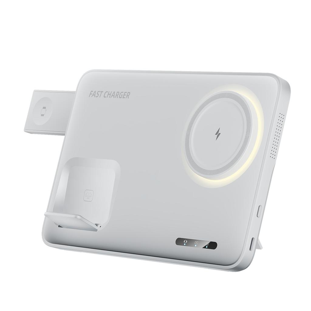 HT-543 3 in 1 Foldable Magnetic Wireless Charging Stand for Phone/Earbuds/Watch 15W Fast Charge Phone Holder
