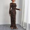 Women's Crew Neck Long Sleeve Maxi Dress Slim Ruched Leopard Print Sheer Bodycon Gown
