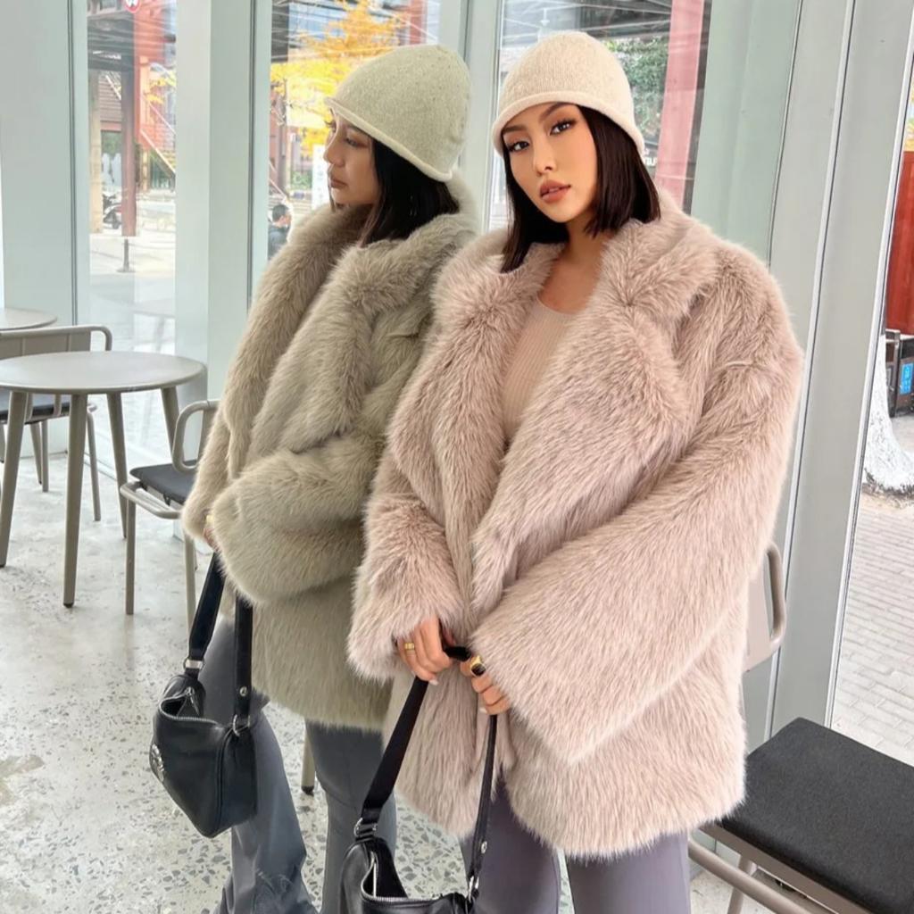 Fashionable Street Style Fox Fur Coat Loose Suit Collar Medium Long Imitation Fur Coat for Women Autumn-winter Fur Overcoat