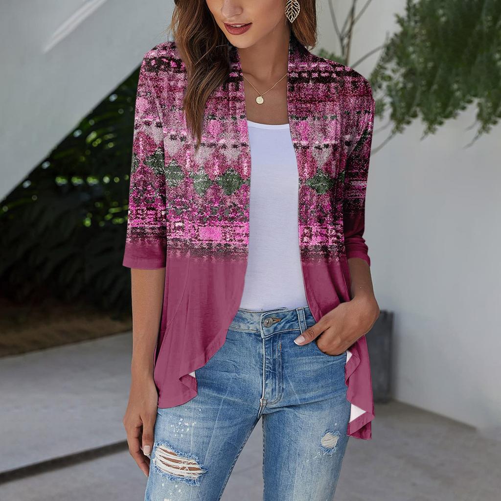 Letní topy pro ženy Květinový vzor pro ženy Výstřih do V 3/4 rukáv Pohodlné dámské topy Trička