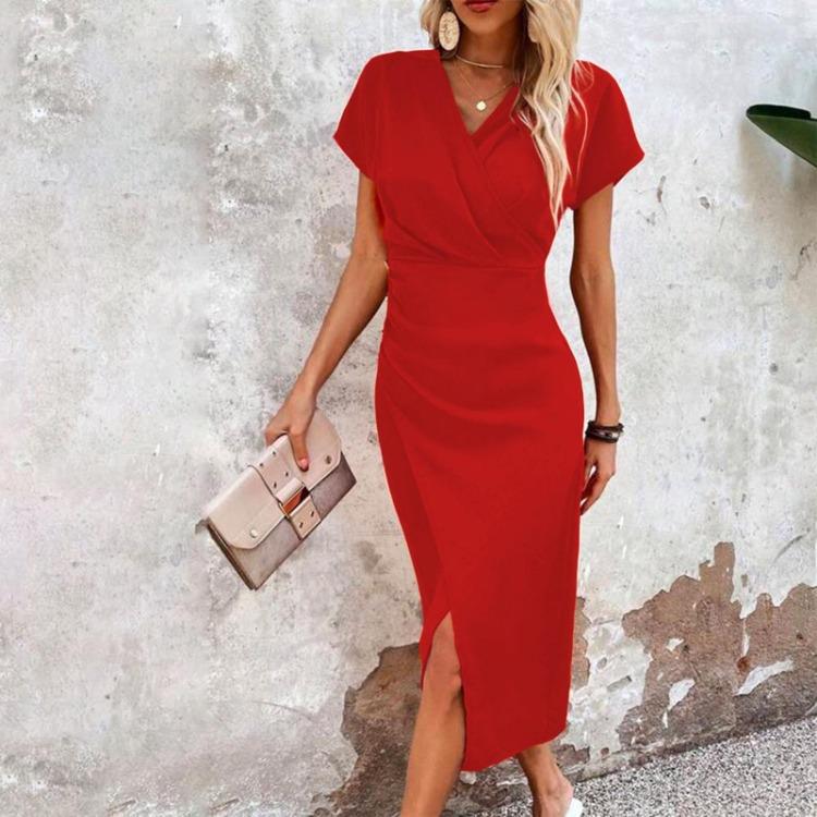 Şık Kadın Yaz Dar Kesim V Yaka Günlük Kokteyl İş Resmi Akşam Sarma Elbise