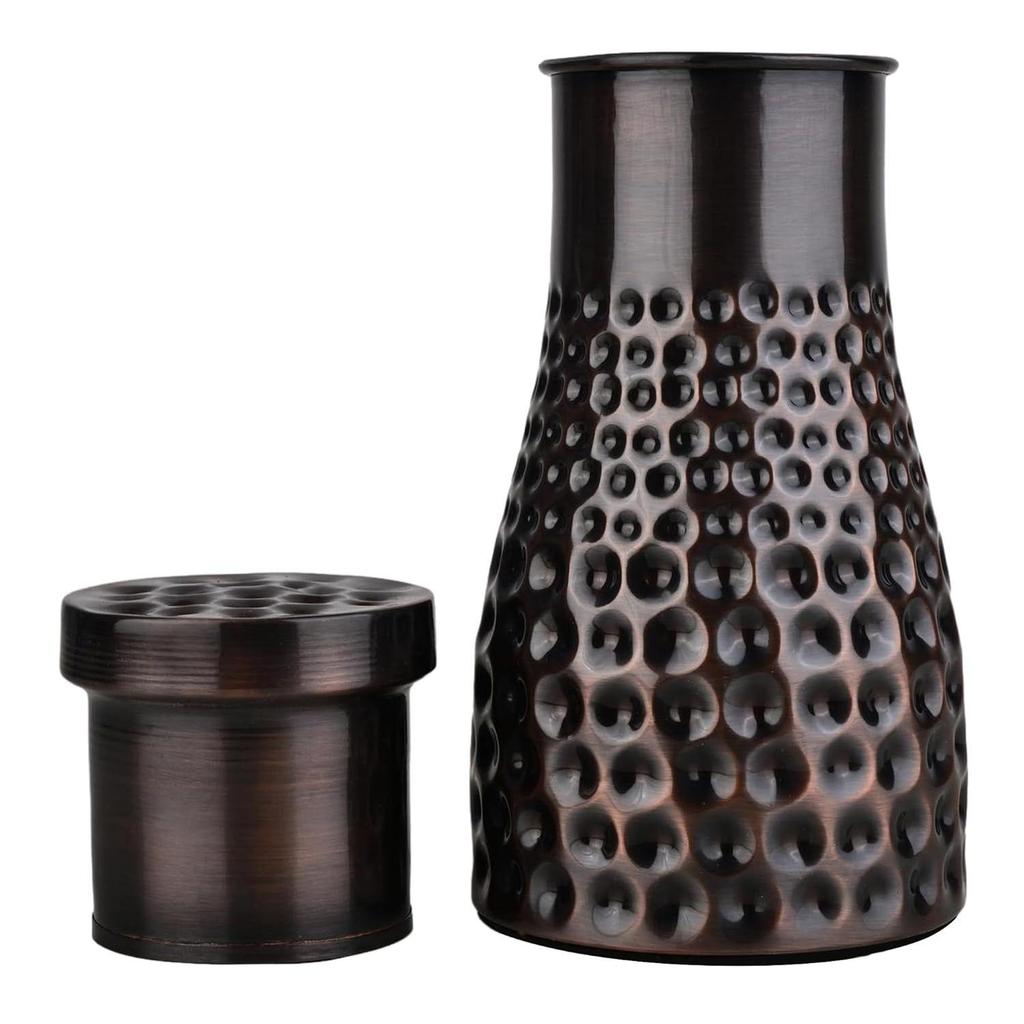 Copper Bedroom Jar with Inbuilt Glass | Rarity Mix Dotted Design | Handcrafted, Leakproof, Jointless | Ayurvedic Benefits, Antioxidant Properties