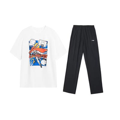 Li Ning Cartoon Anime Print Pattern Straight Leg Pullover Short Sleeve Top Comfortable Solid Color Long Pants Casual Sports Suit AHSU805-2+AYKU703-1
