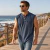 Men's Sleeveless Shirts, V Neck Breathable Shirts, Casual Summer Lightweight Pocket Top, Button Up Solid Color Stretchable Top for Summer
