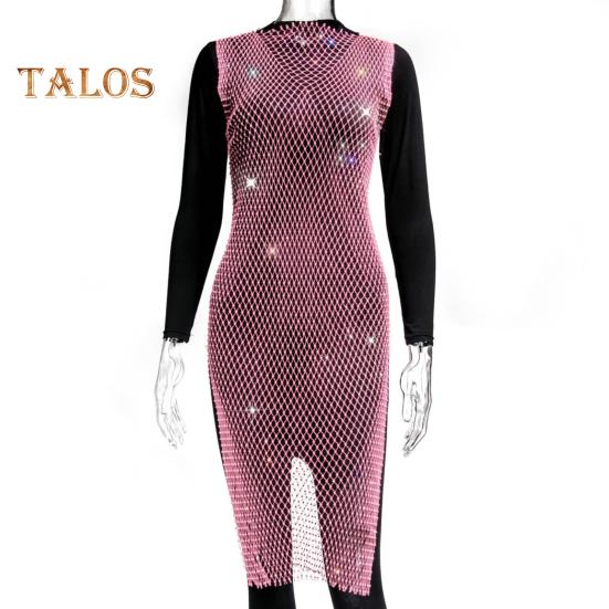 Vestido de rede de pesca com strass brilhante feminino sexy com fenda lateral vazada vestido de praia sem mangas lantejoulas festa biquíni saia