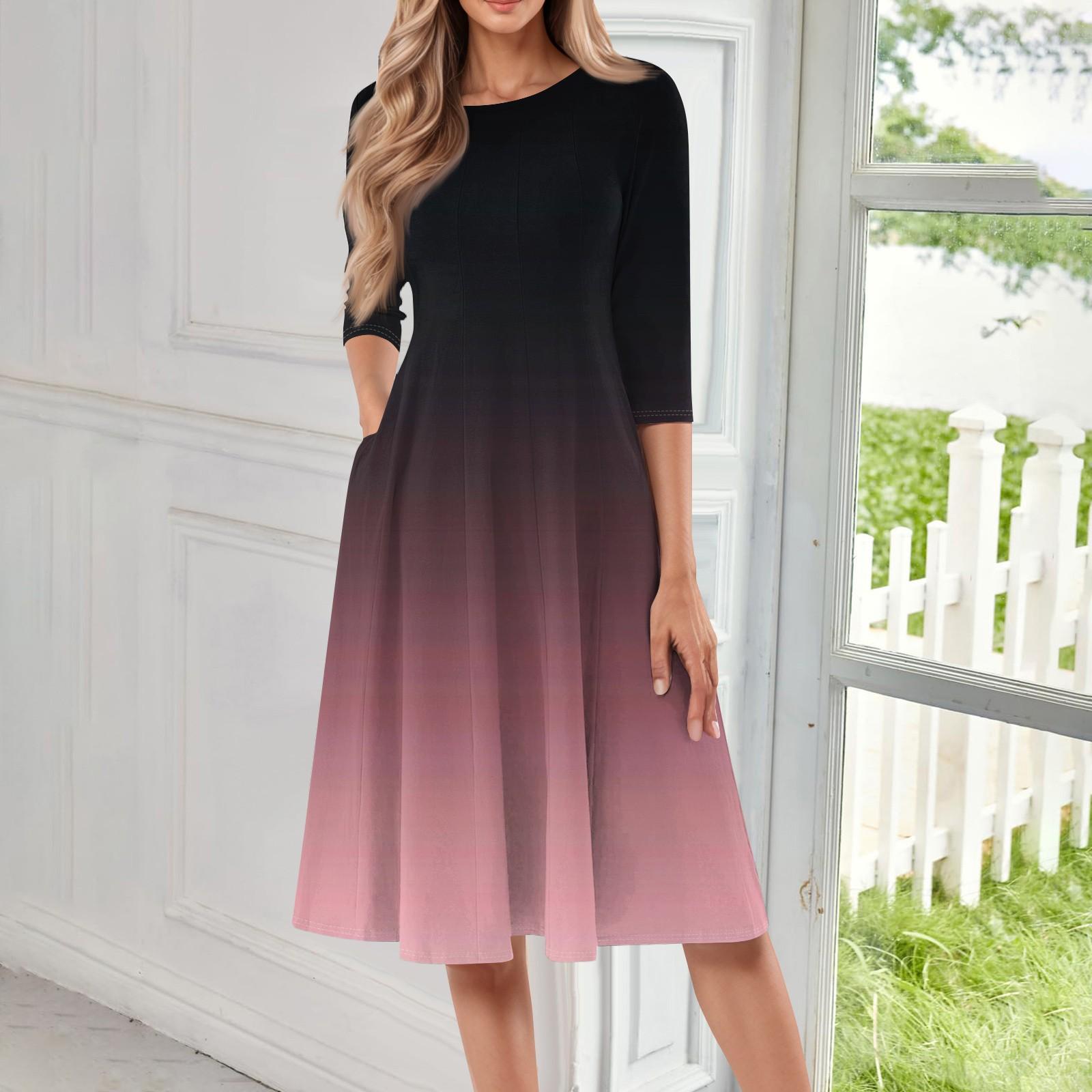 

Жіноча повсякденна модна сукня міді з круглим вирізом і рукавом три чверті M рожевий