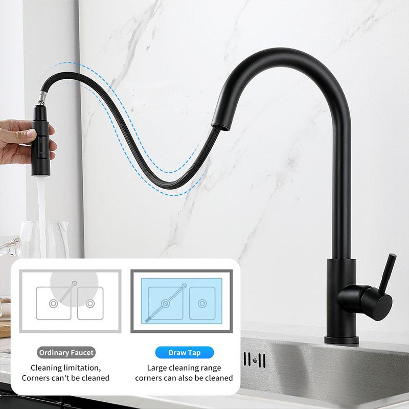 Brushed Nickel/Matte Black 304 Stainless Steel Pull Out Kitchen Faucet 360° Rotate Single Handle Cold Hot Mixer Tap for Sink