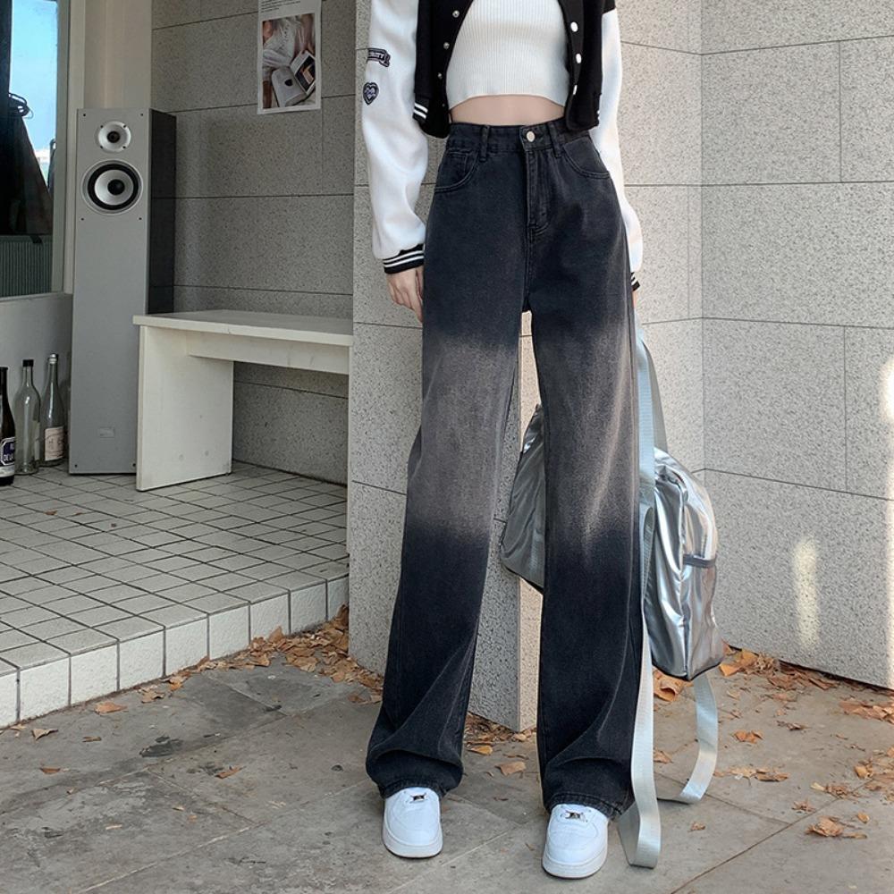 Spring and Autumn New Korean Version of Washing Water Gradual Change Straight Jeans Women's High Waist High Versatile Wide Leg Jeans