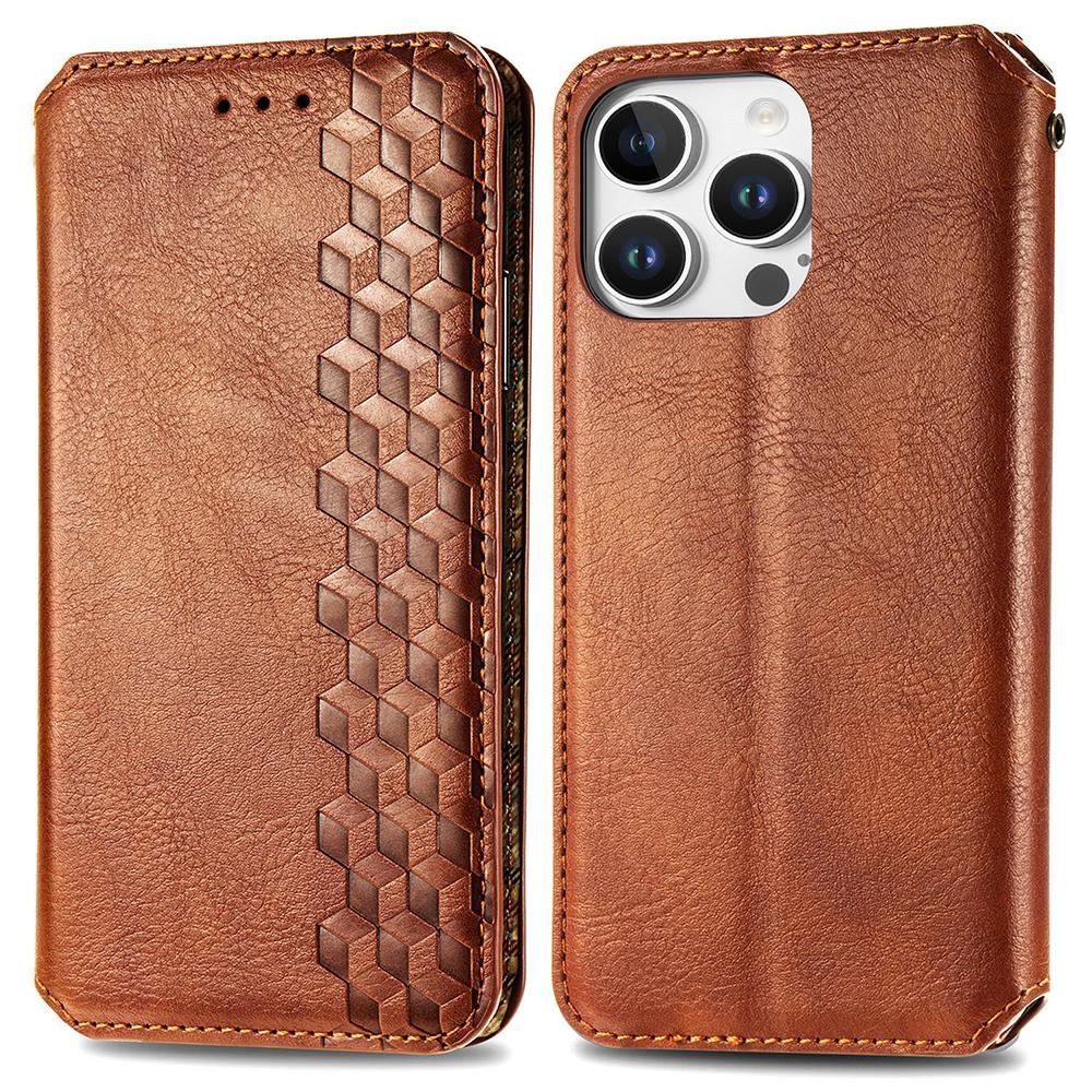 

For iPhone 16 Pro Max PU Leather Case Rhombus Imprint Wallet Stand Phone Cover Brown