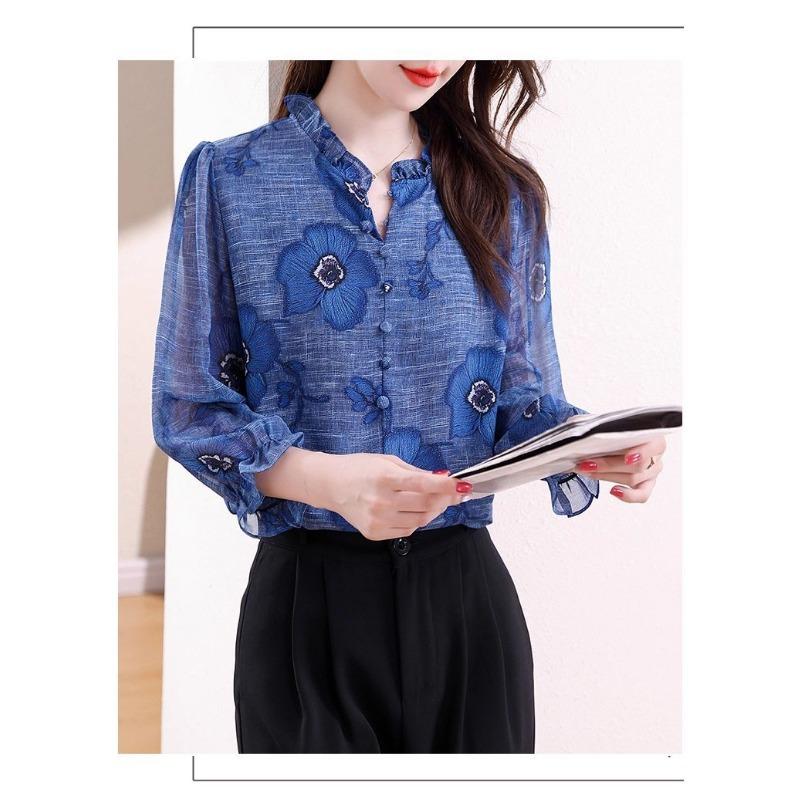 Spring New Fashion Printed Fungus Stand Collar Chiffon Shirt Women's Nine-quarter Sleeves Fashionable and Versatile Age-reducing Shirt