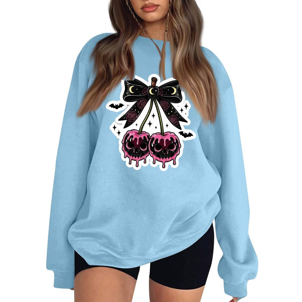 Women's Neck Long Sleeve Casual Loose Fit Sweatshirt Pullover with Color or Small Halloween Print