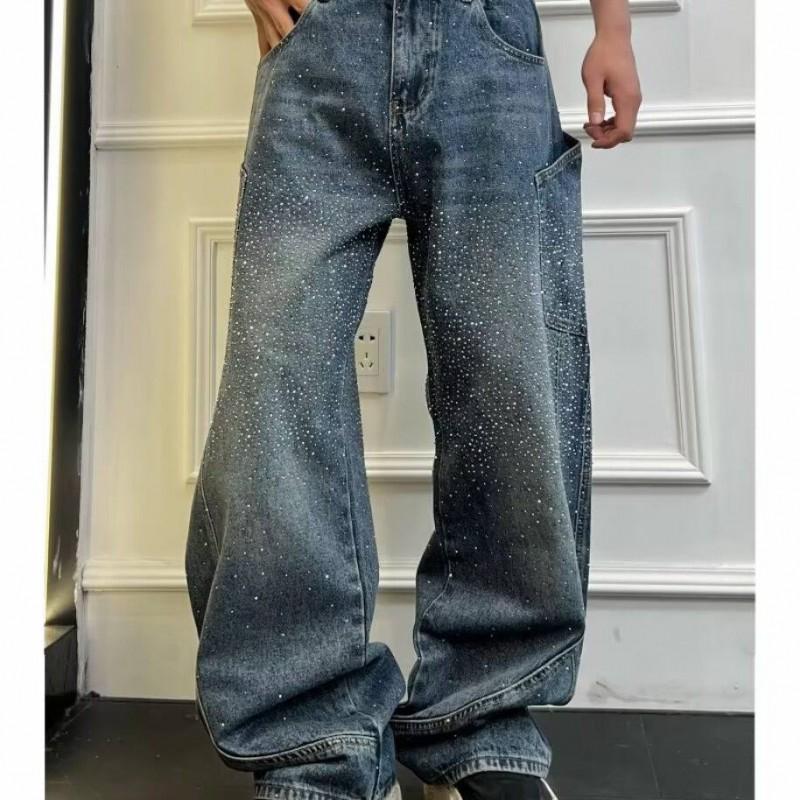 Vintage Washed Blue Wide Leg Denim Jeans Men Women Loose Fit Streetwear Casual Pants Mid-Rise Straight Cut