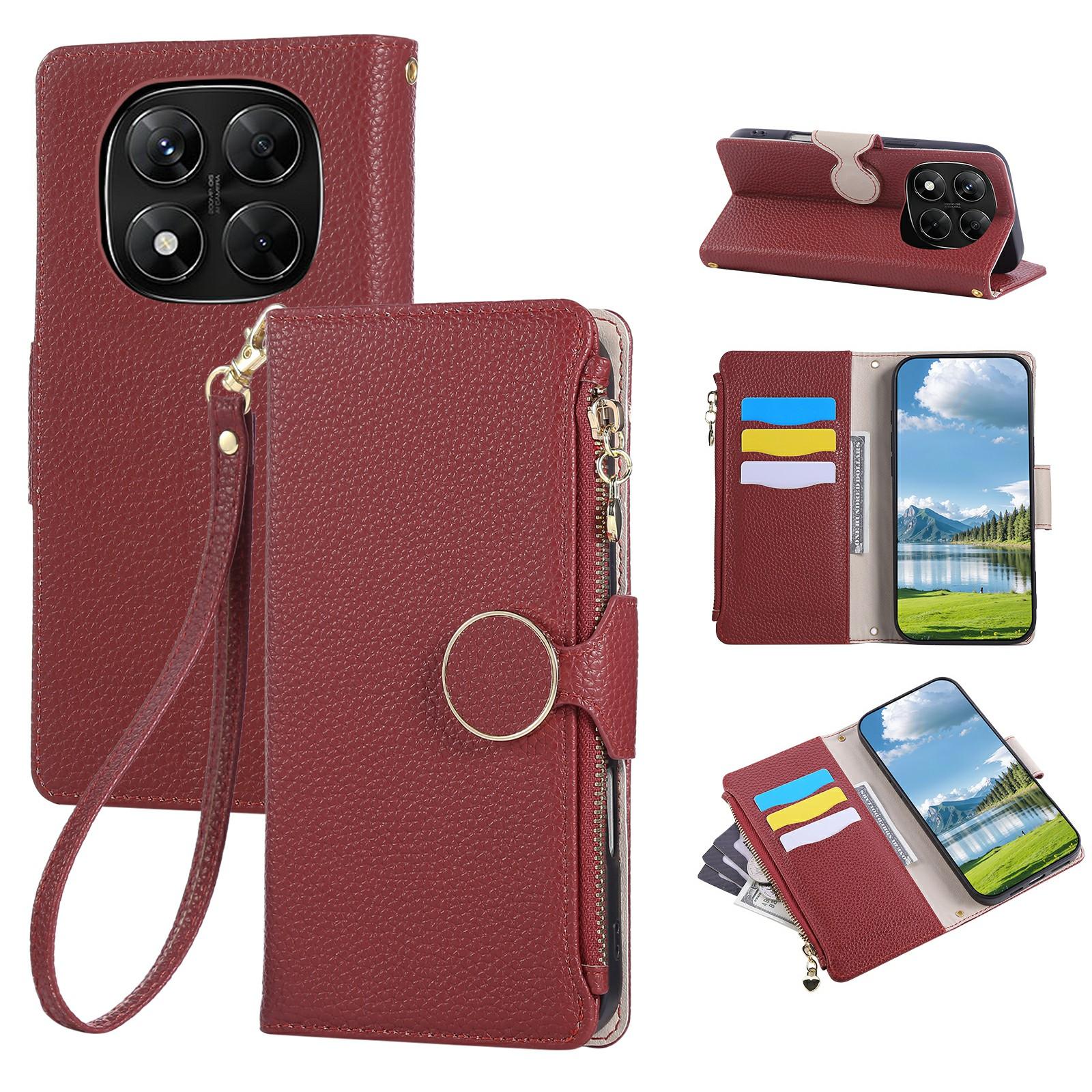 

For Xiaomi Redmi Note 14 Pro 4G Case Zipper Wallet Leather Phone Cover with Wrist Strap Wine Red