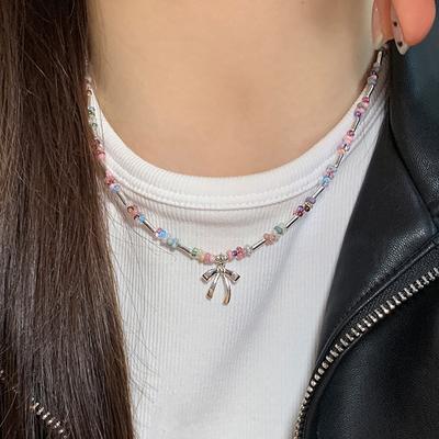 Color Crystal Beaded Bow Necklace Female Niche Design Sense Small Fresh Collarbone Chain Versatile Temperament Neck Chain