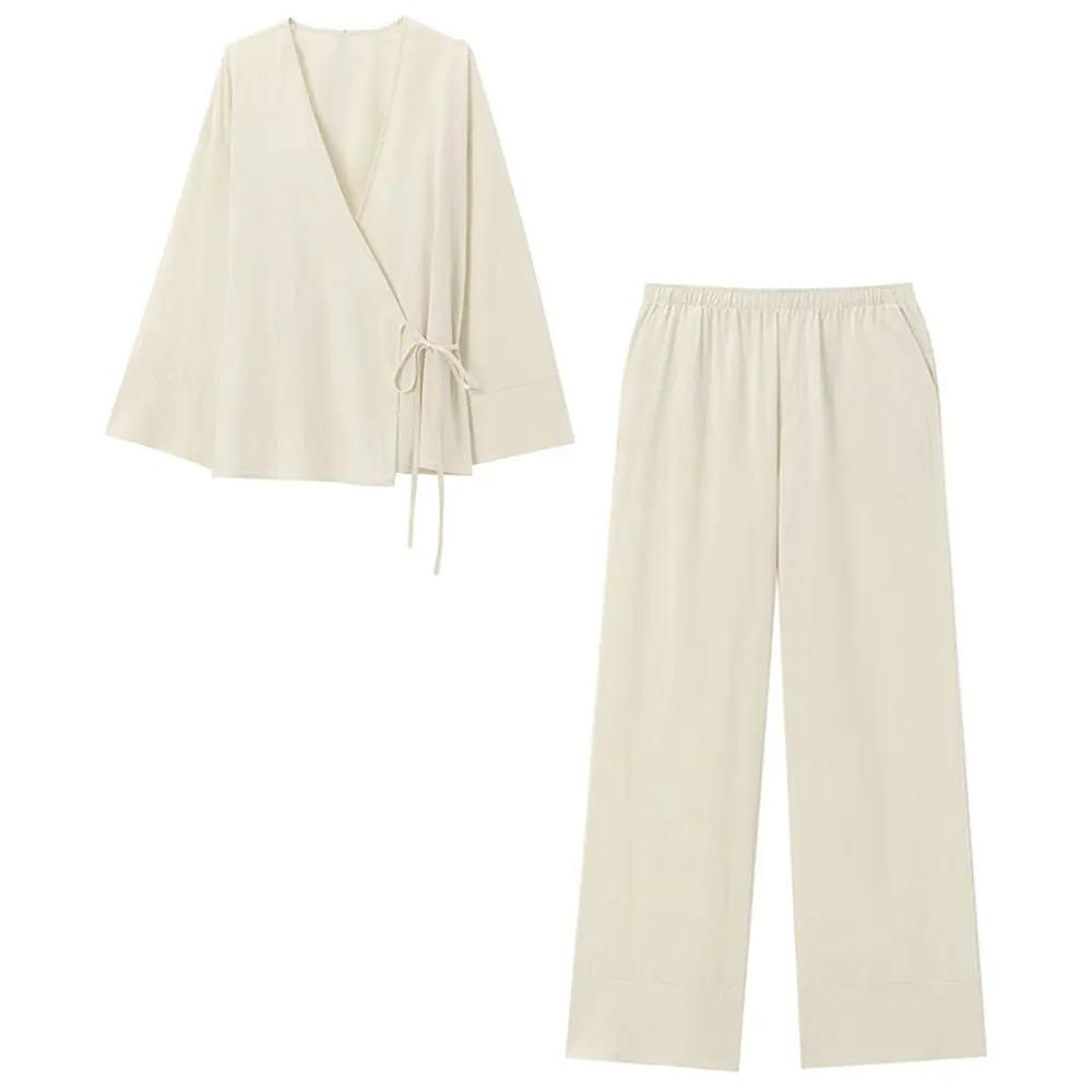

Домашняя одежда женская элегантная однотонная блузка брюки пижамный костюм с длинным рукавом V-образный вырез на шнуровке рубашка эластичный пояс повседневные брюки пижамные комплекты L