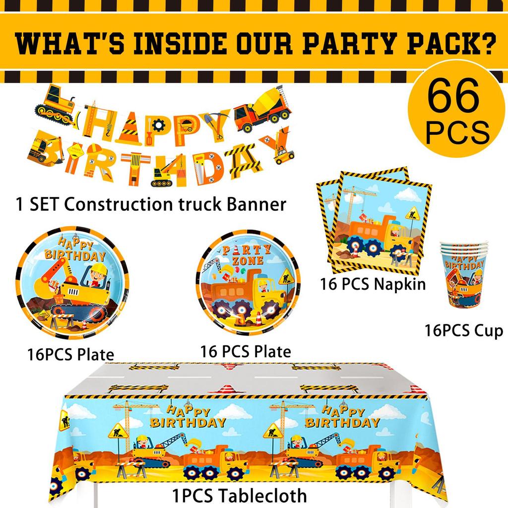 Construction Party Supplies,Tableware Set-Plates Cups Tablecloth Banner Etc Party Tableware for Dump Truck Excavator Construction Theme Party
