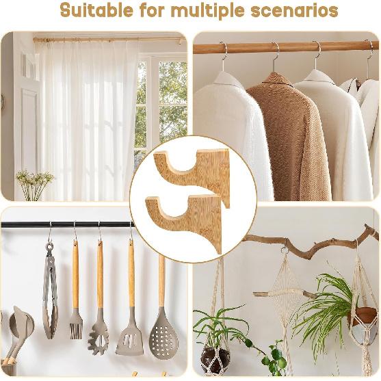 2 Pack Wooden Curtain Rod Brackets Multipurpose Curtain Rod Holders with 20 Pcs Curtain Rings with Clips for Bathroom Bedroom Livingroom Kitchen