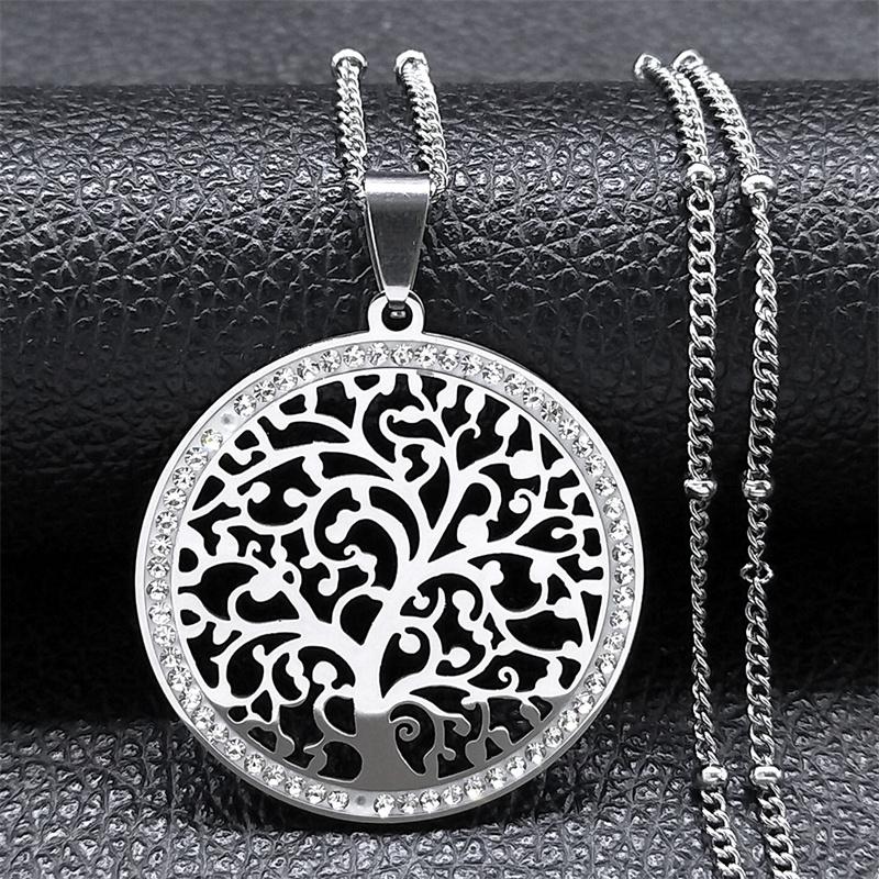 Fashion Tree of Life Stainless Steel Necklace Gold Color Crystal Pendant Necklaces Elegant Women Girl Jewelry Gifts N76S01
