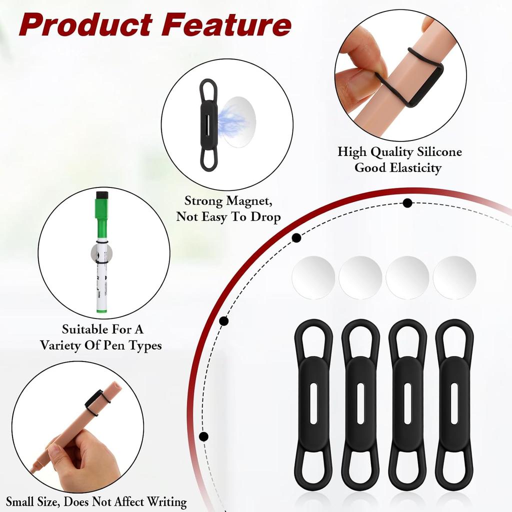 Jeffdad Magnetic Pen Pencil Holder - 4 Pcs Silicone Adjustable Holder for Refrigerator, Whiteboards, Office White Pen Holder (Black)