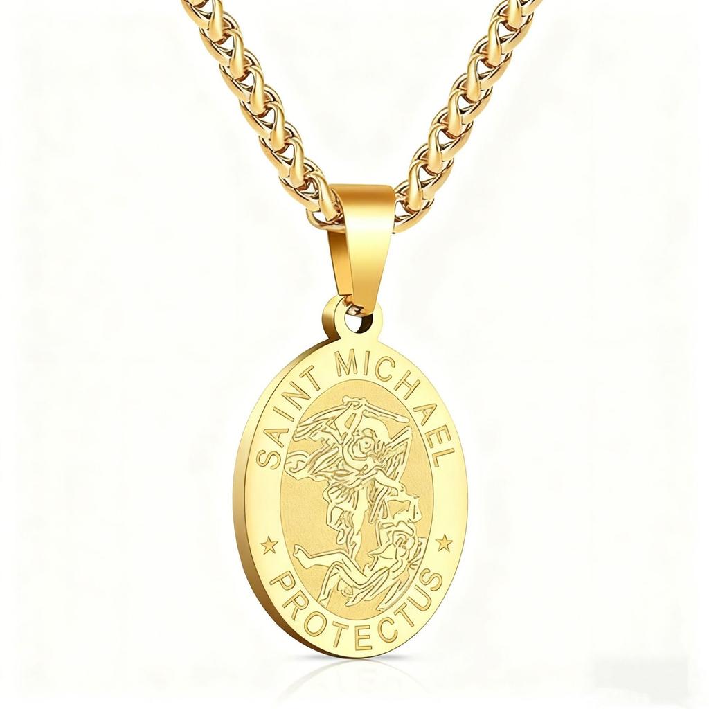 Vintage Oval Coin Pendant Necklace With St Michael Archangel Relief Design Unisex Jewelry