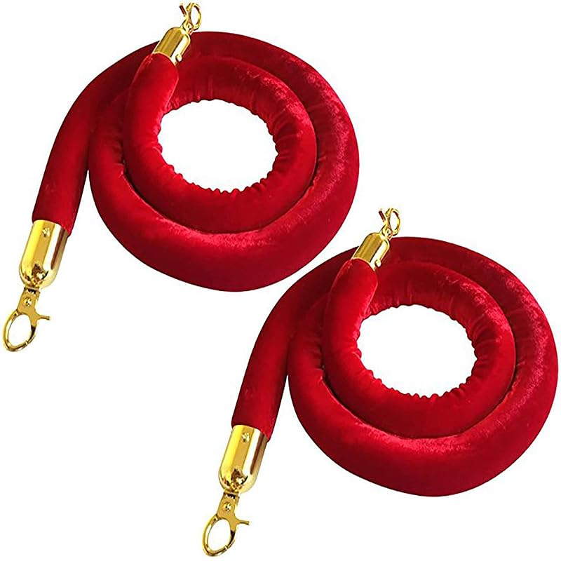 Red Velvet Stanchion Rope Crowd Control Rope Barrier with Gold Color Plated Hooks, 5 Foot