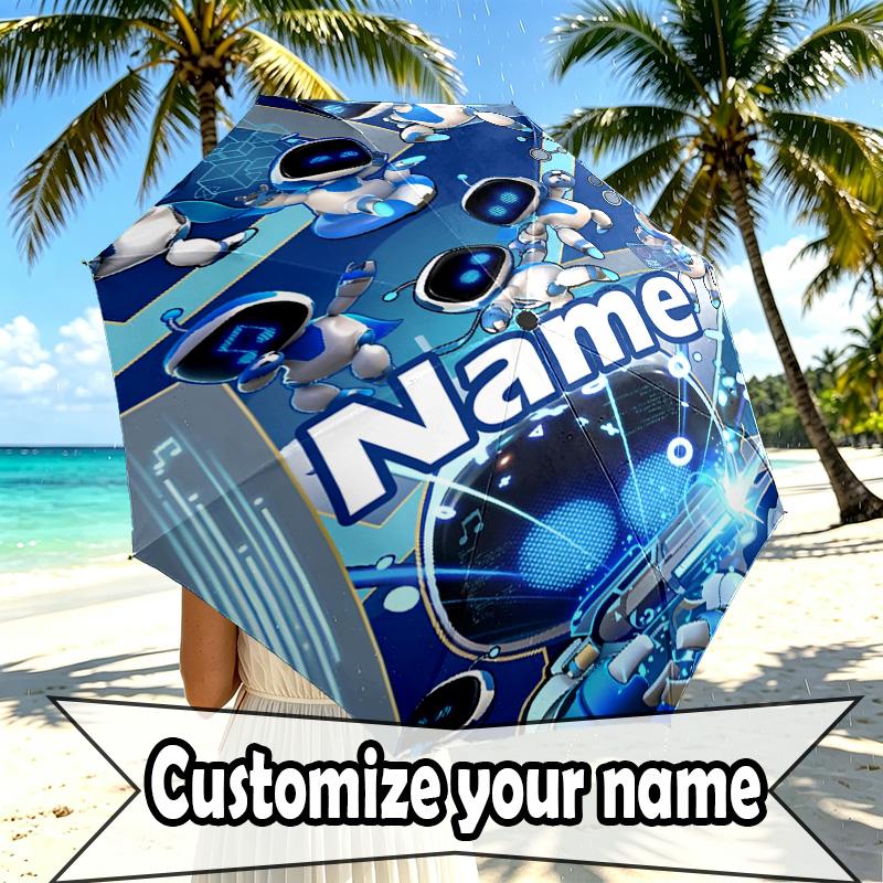 Custom Name Personalized Cosmic Bot Crew Print Umbrella, Auto Open Close, 8‑Rib Sturdy Frame, Commute Camping Hiking Use, Birthday Gift