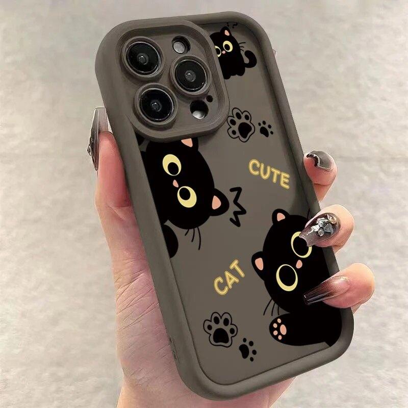 Cute Black Cat Print Casing For Motorola Moto Edge 50 Neo Ultra 70 60 50 Fusion G56 G86 E14 G75 G85 G54 G34 G84 Cover Matte